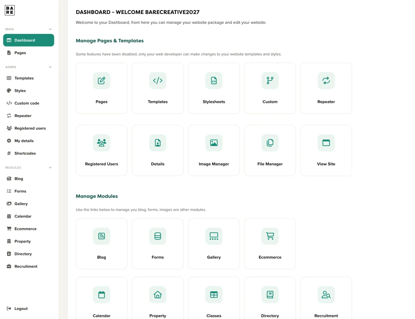 The BARE CMS dashboard
