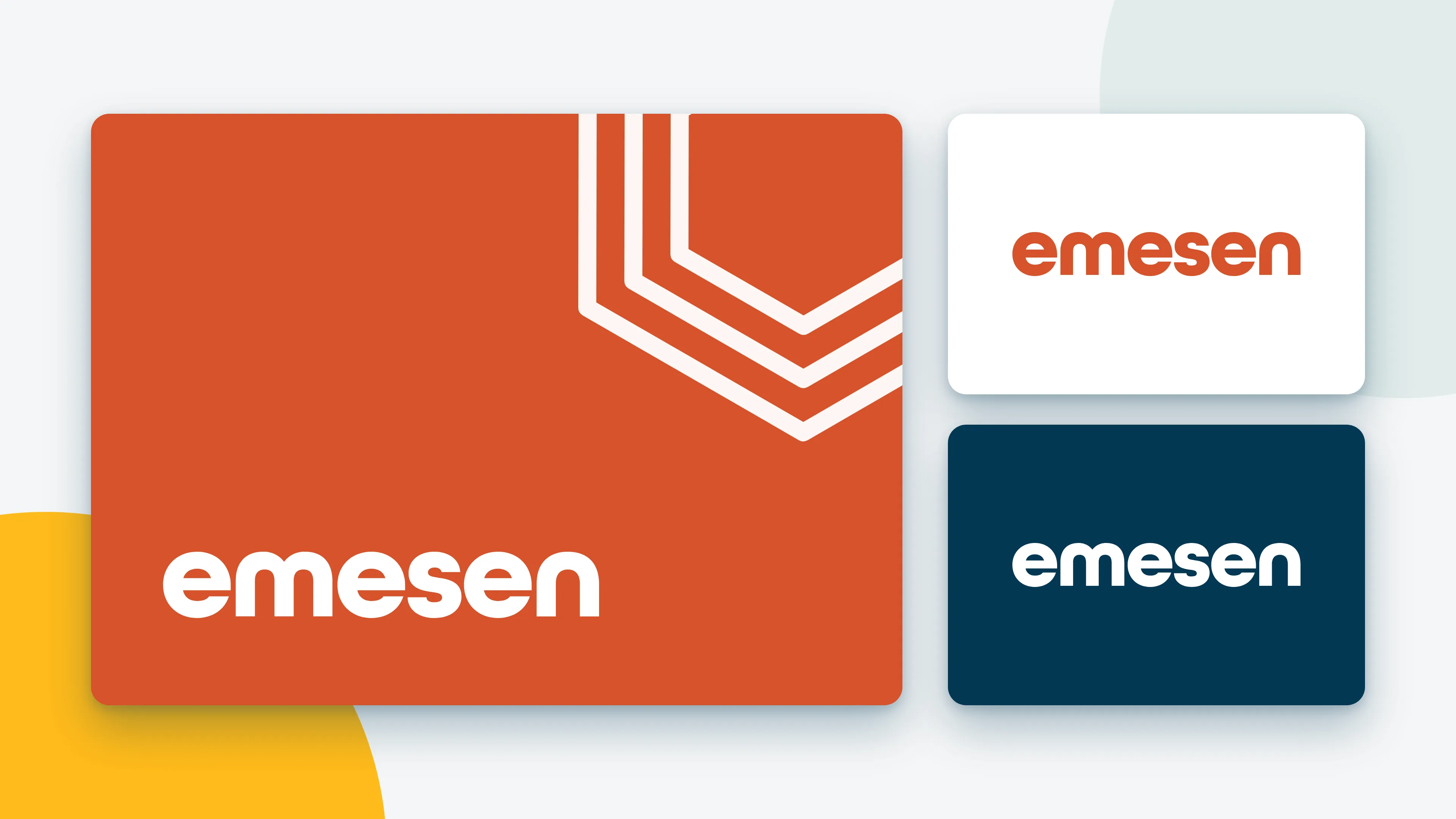 The emesen wordmark in white on orange with the hexagon lines, in orange on white, and in white on navy