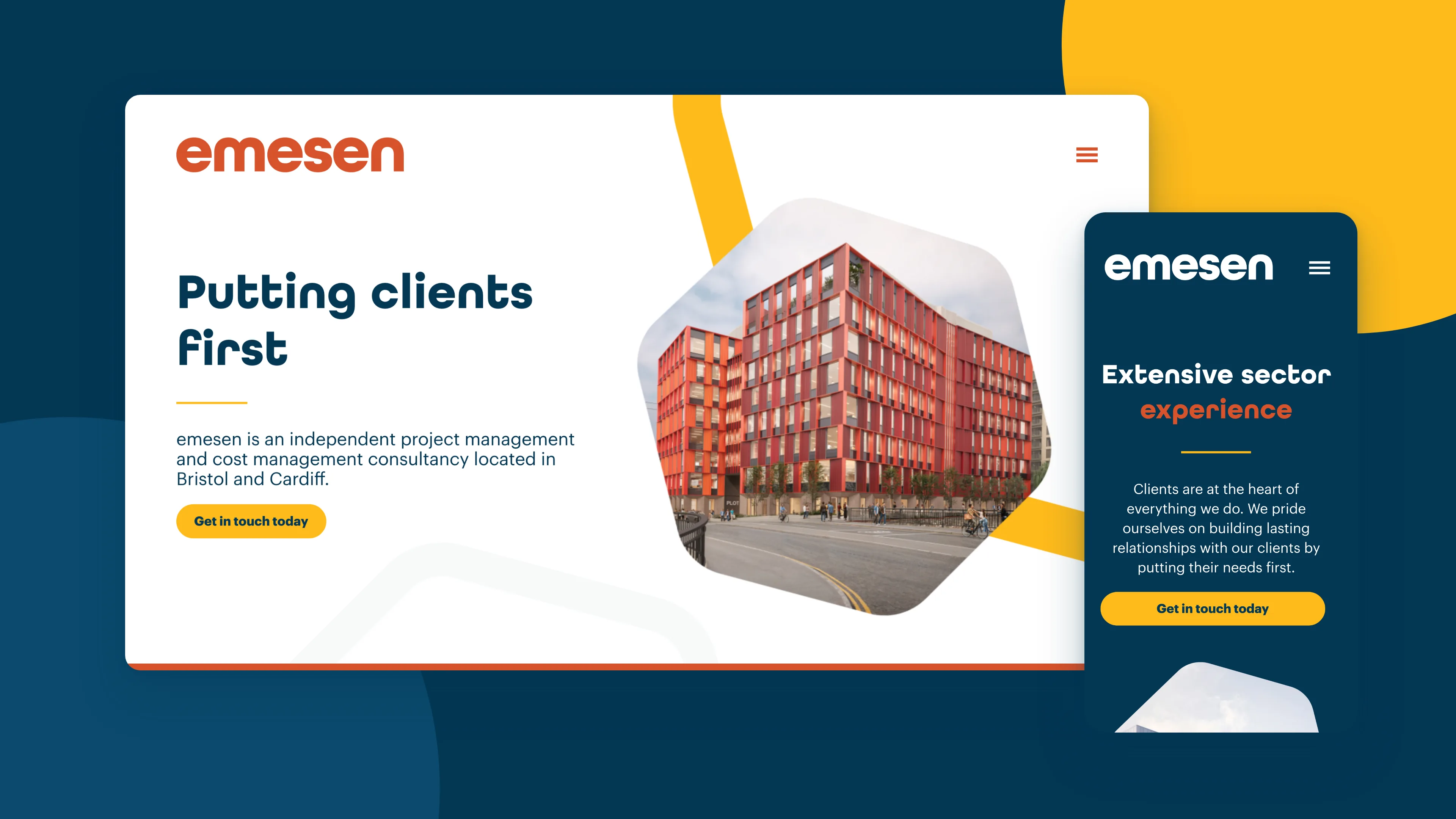The emesen homepage on desktop, with the About page on a phone beside it