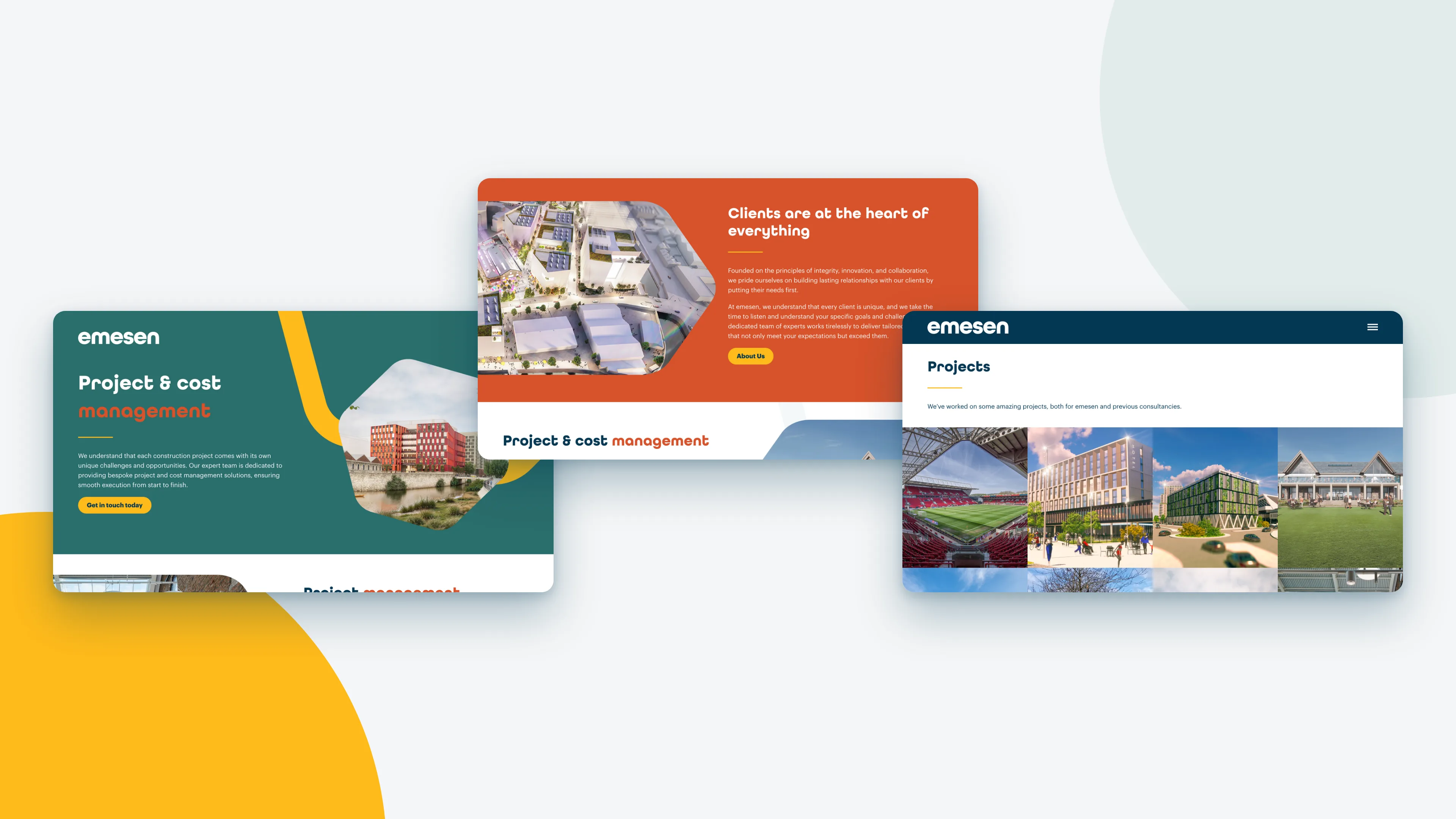 Three emesen pages: services, the homepage and projects