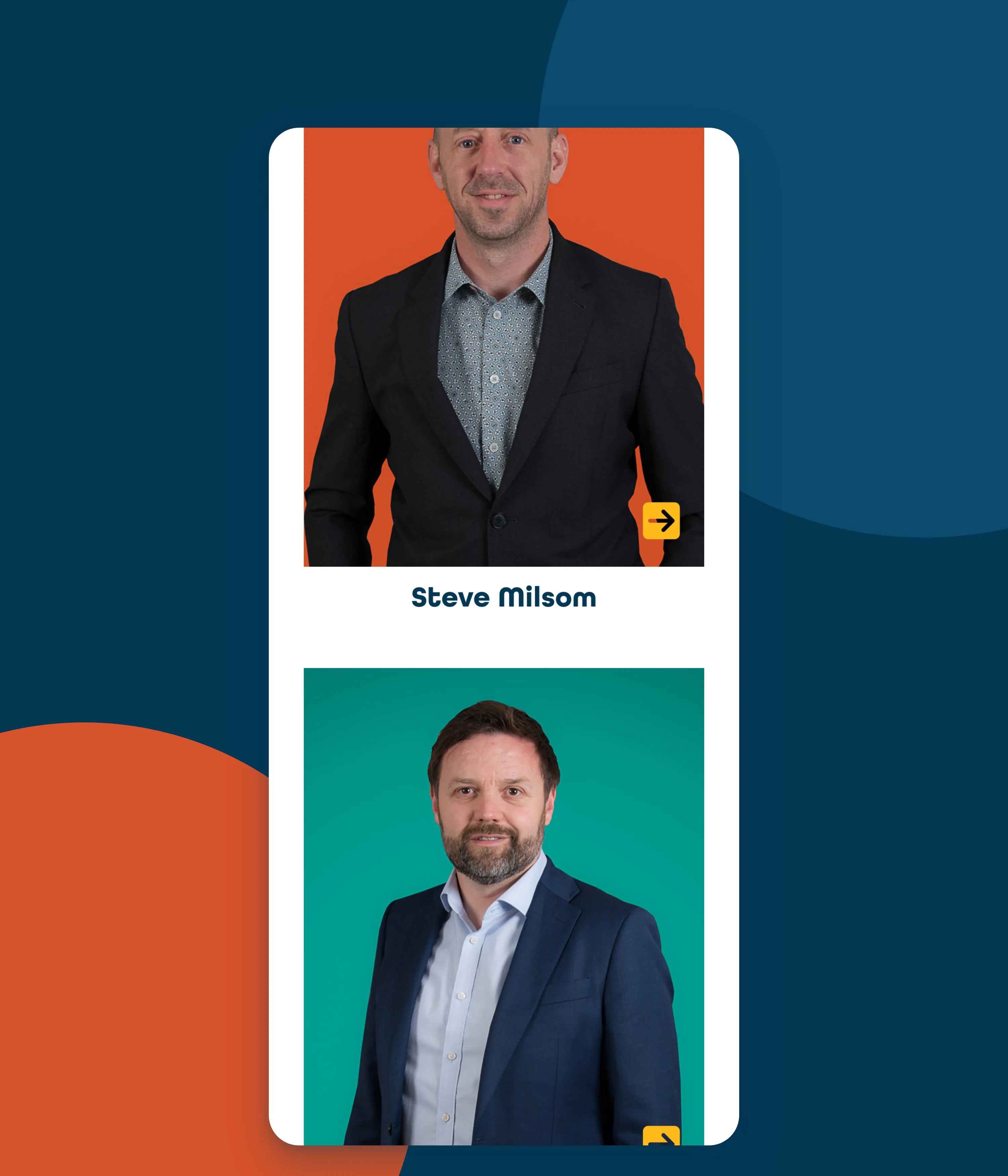 Team portraits on the About page, on a phone