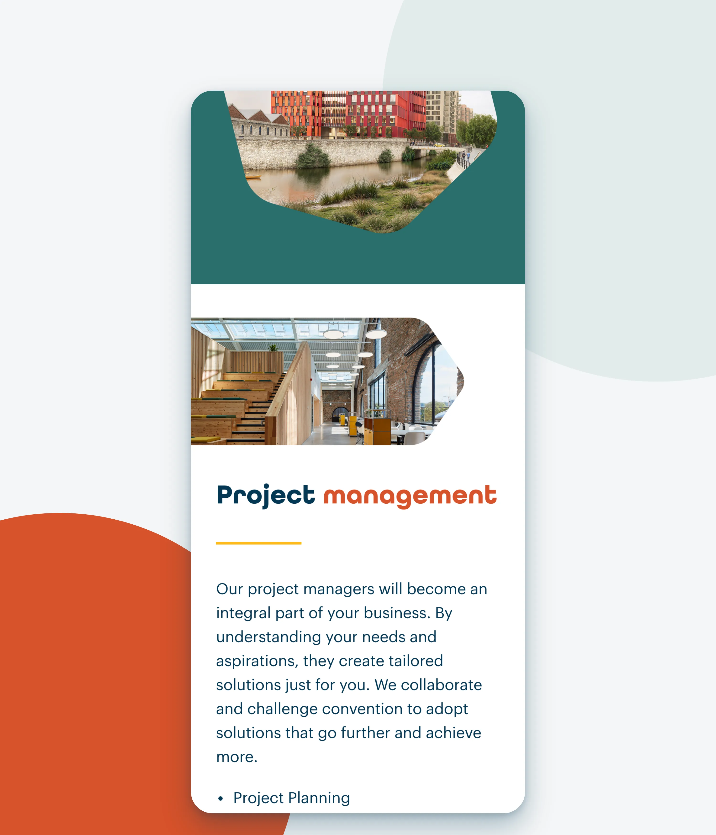 The project management section of the Services page on a phone