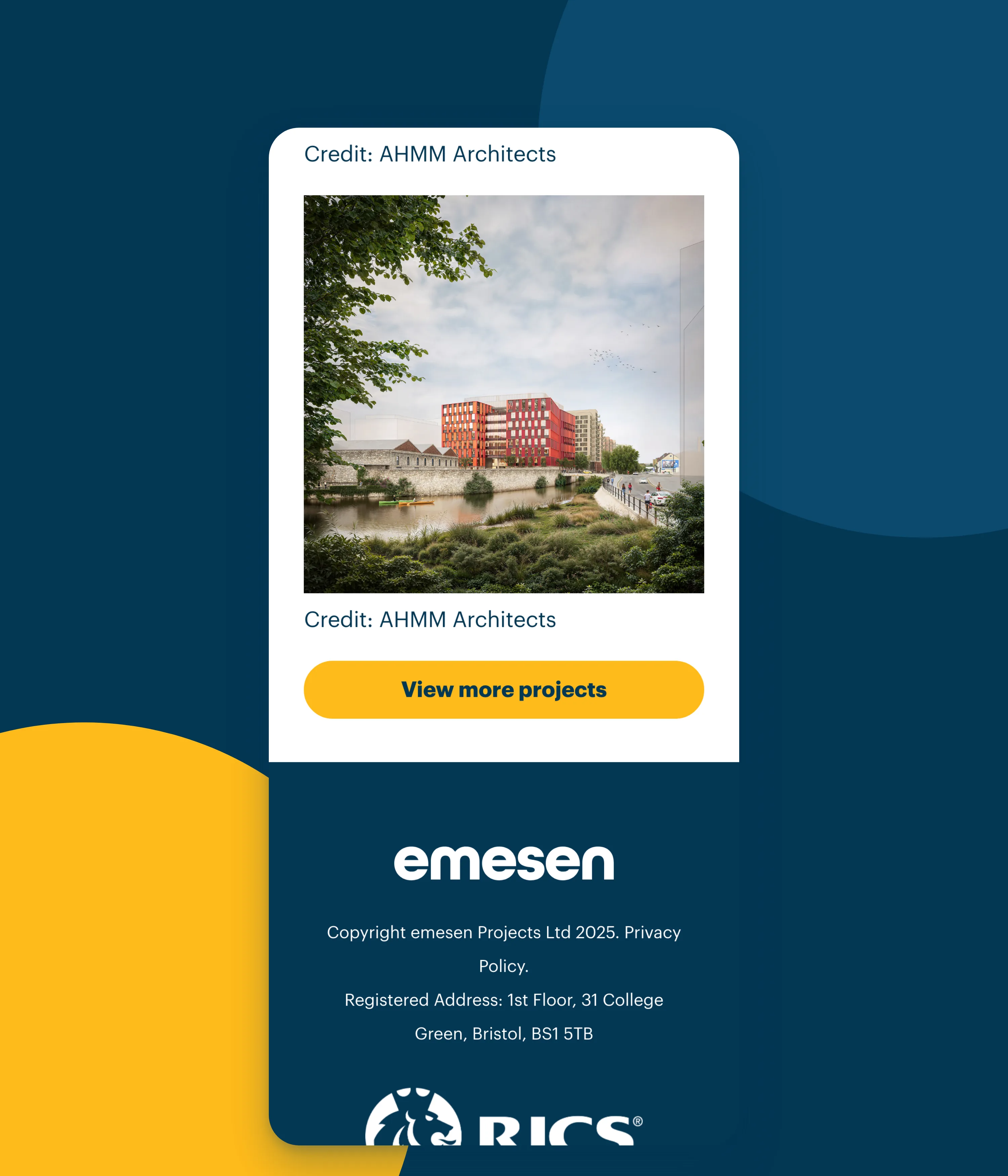 The end of a project page with the architect credit and the footer, on a phone
