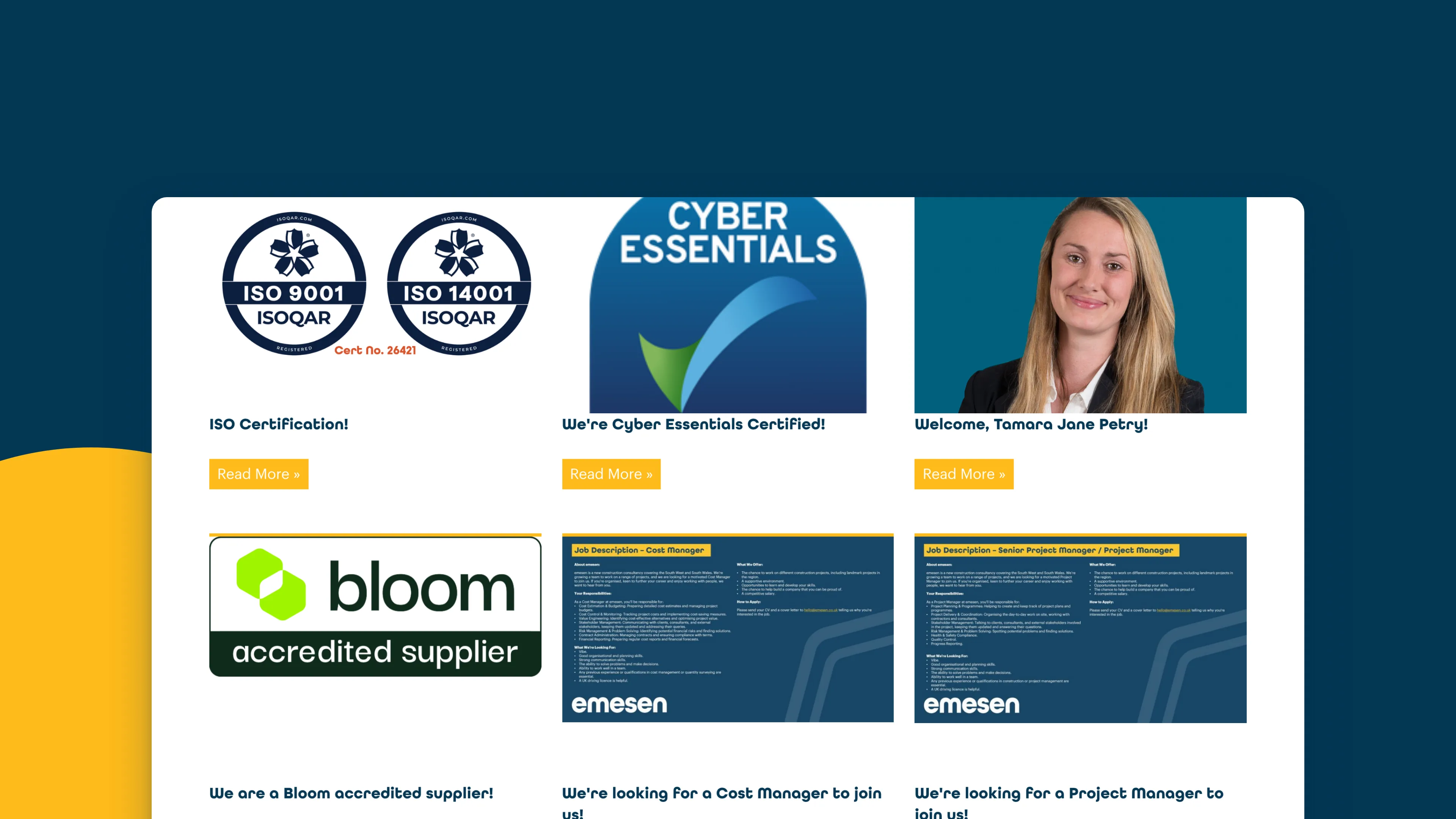 The news page, with the ISO, Cyber Essentials and Bloom announcements