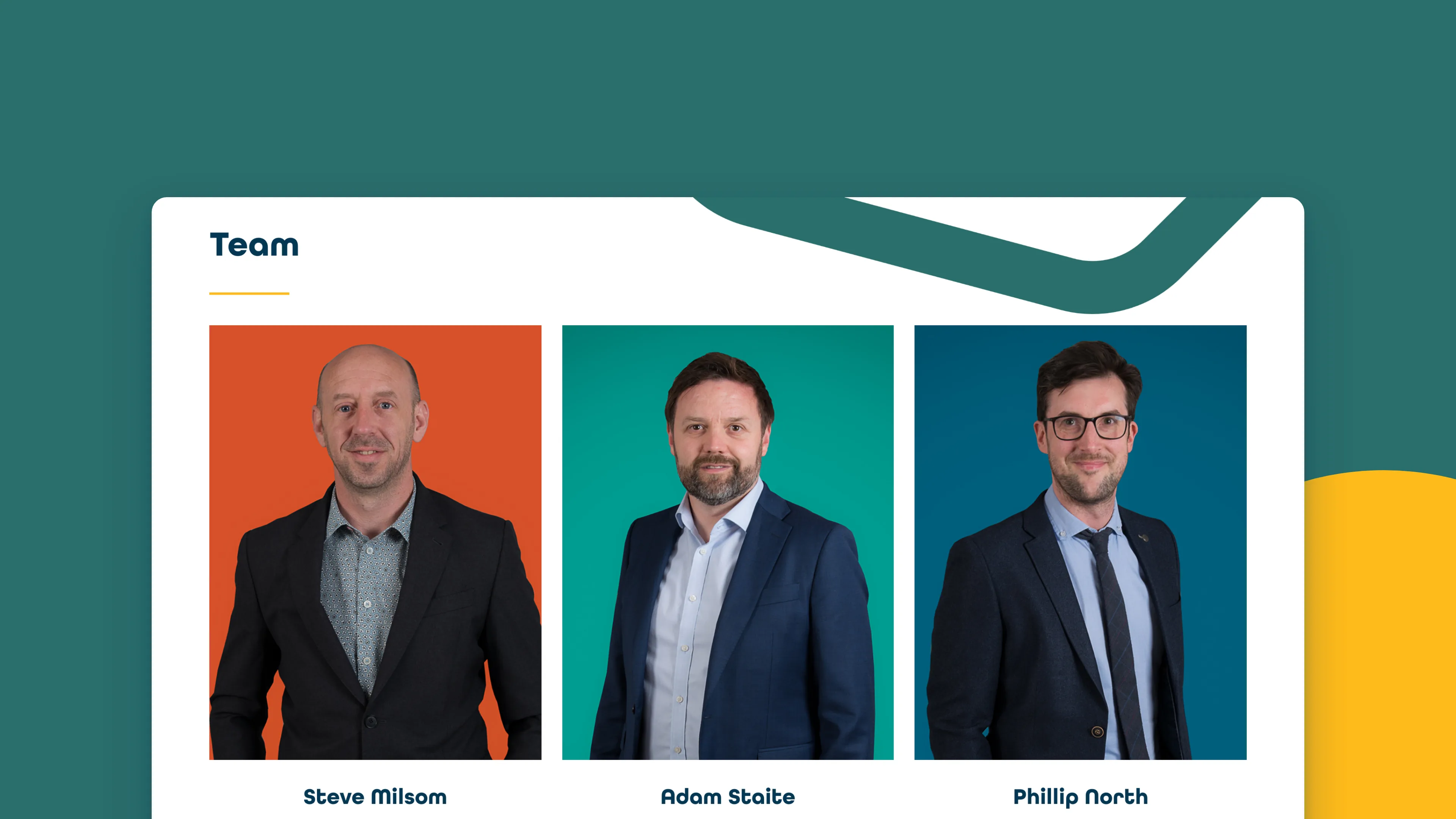 The team section on the About page, with portraits on orange, teal and navy