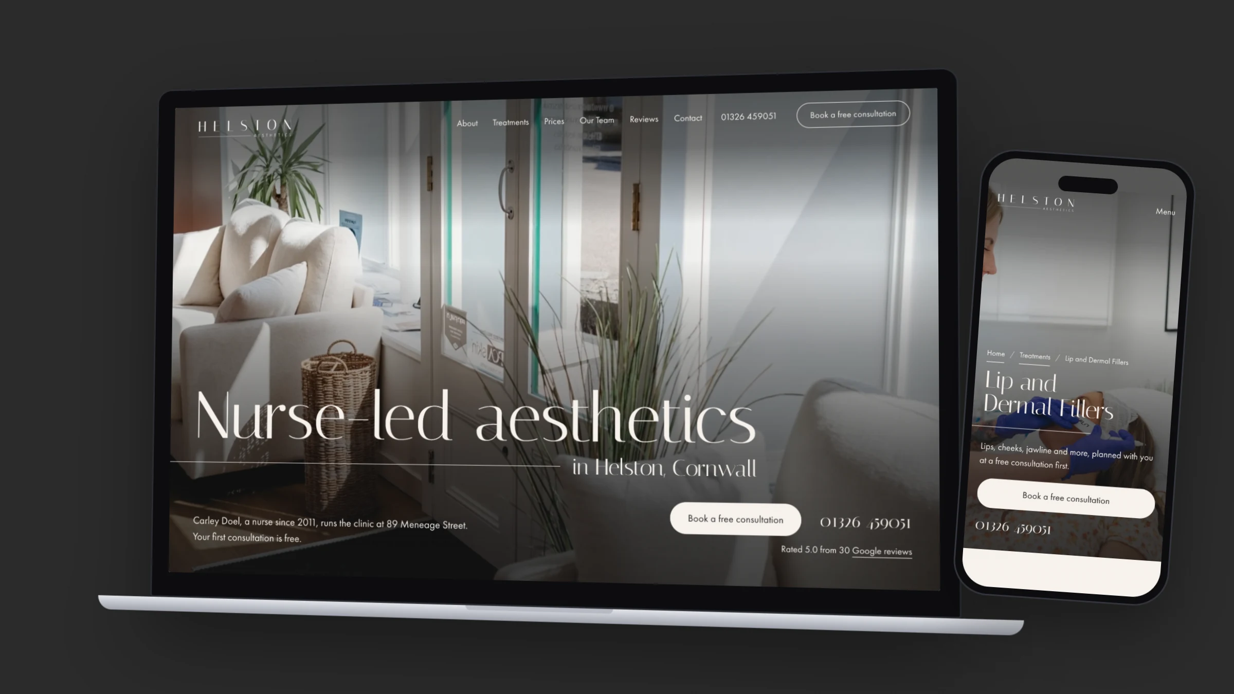 The Helston Aesthetics homepage on a laptop and the Lip and Dermal Fillers page on a phone