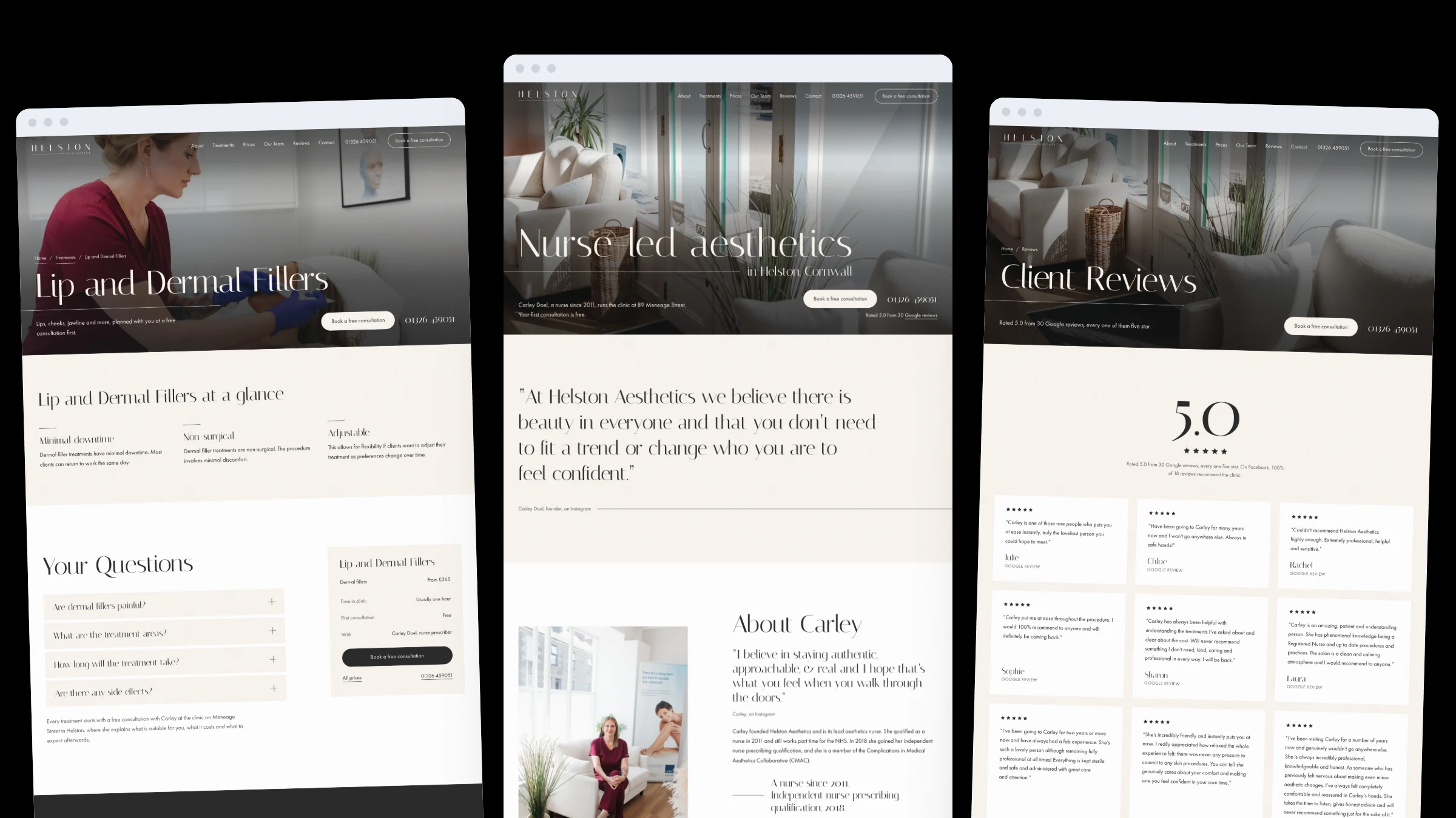 The Lip and Dermal Fillers page, the homepage and the Client Reviews page side by side