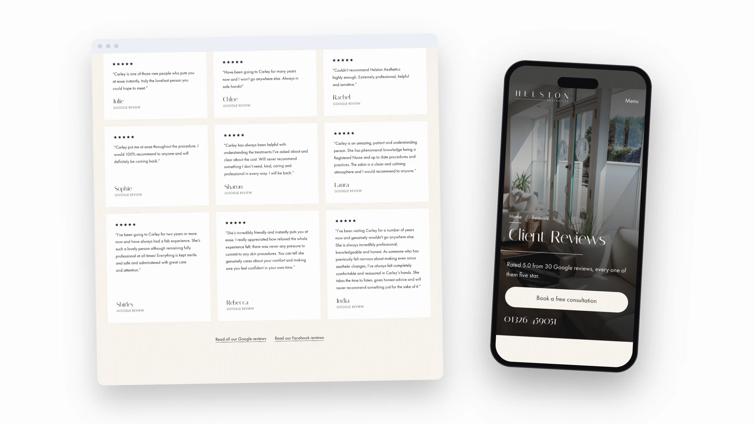 Google reviews on the Helston Aesthetics reviews page, and the same page on a phone
