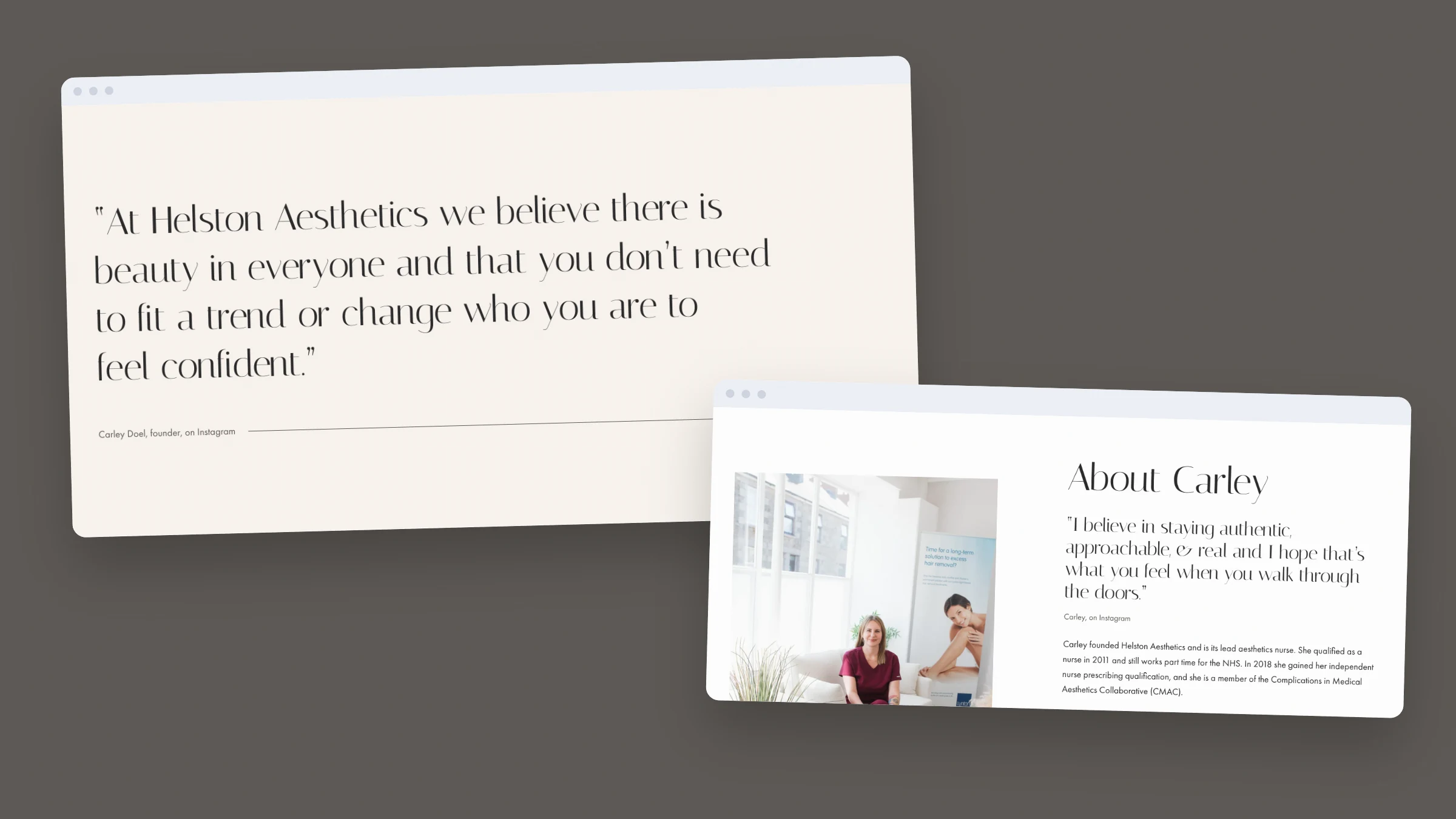 Carley's own words on the Helston Aesthetics homepage, set in her font, above the About Carley section