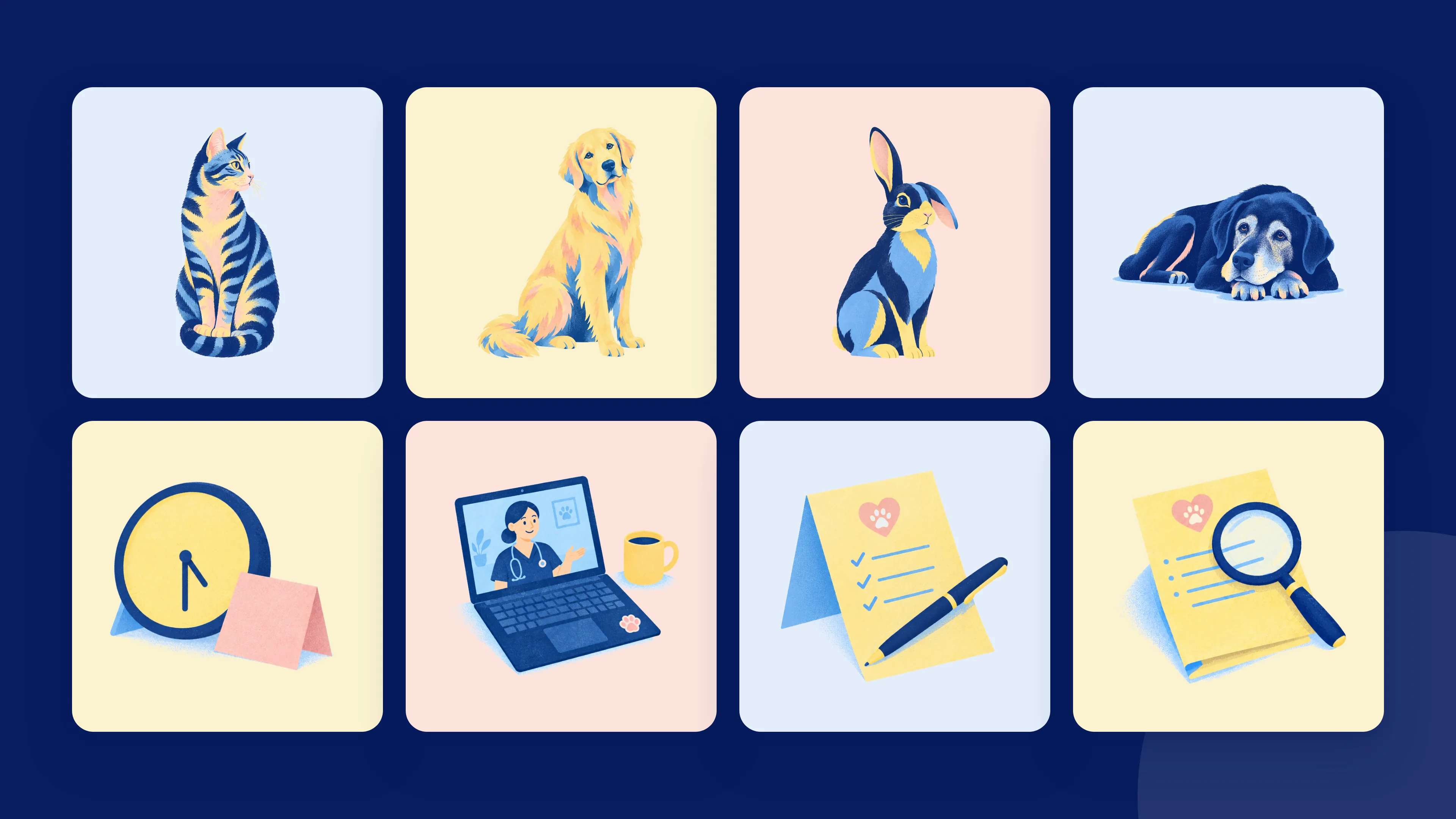 Eight of the Lewis spot illustrations, including the cat, the dog, a rabbit and a video call