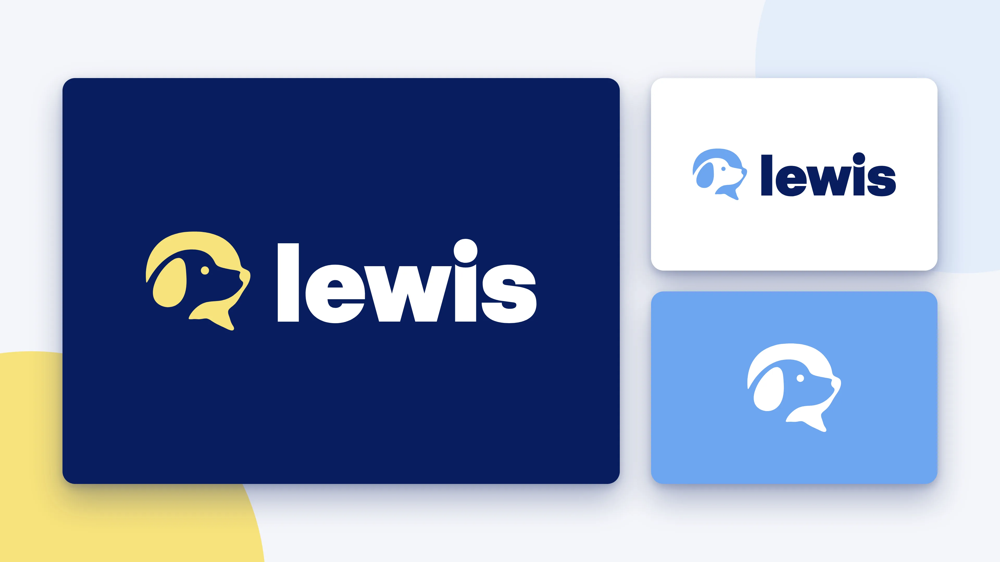 The Lewis logo in butter on navy, the primary logo on white, and the dog mark on sky
