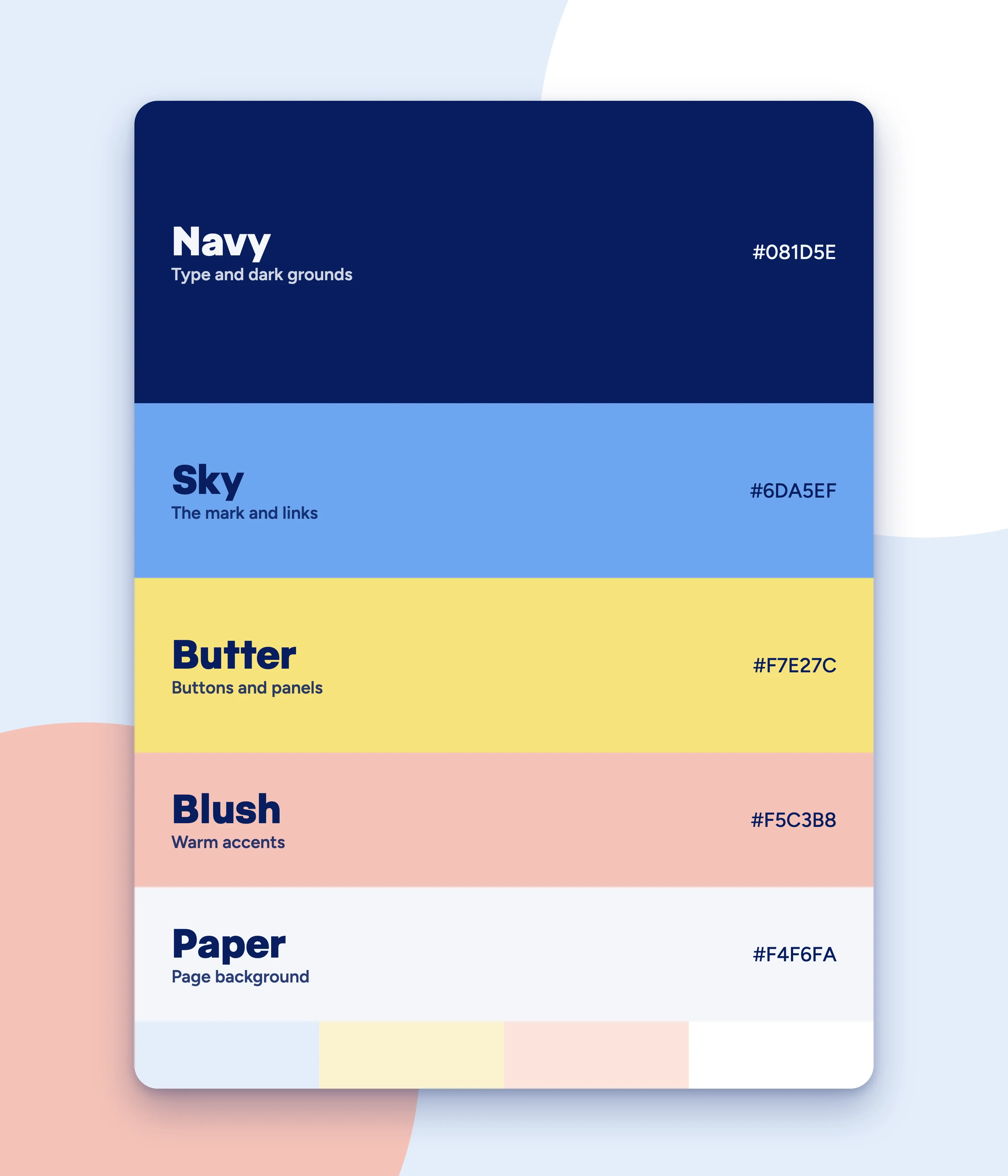 The Lewis palette: navy, sky, butter, blush and paper, with their tints
