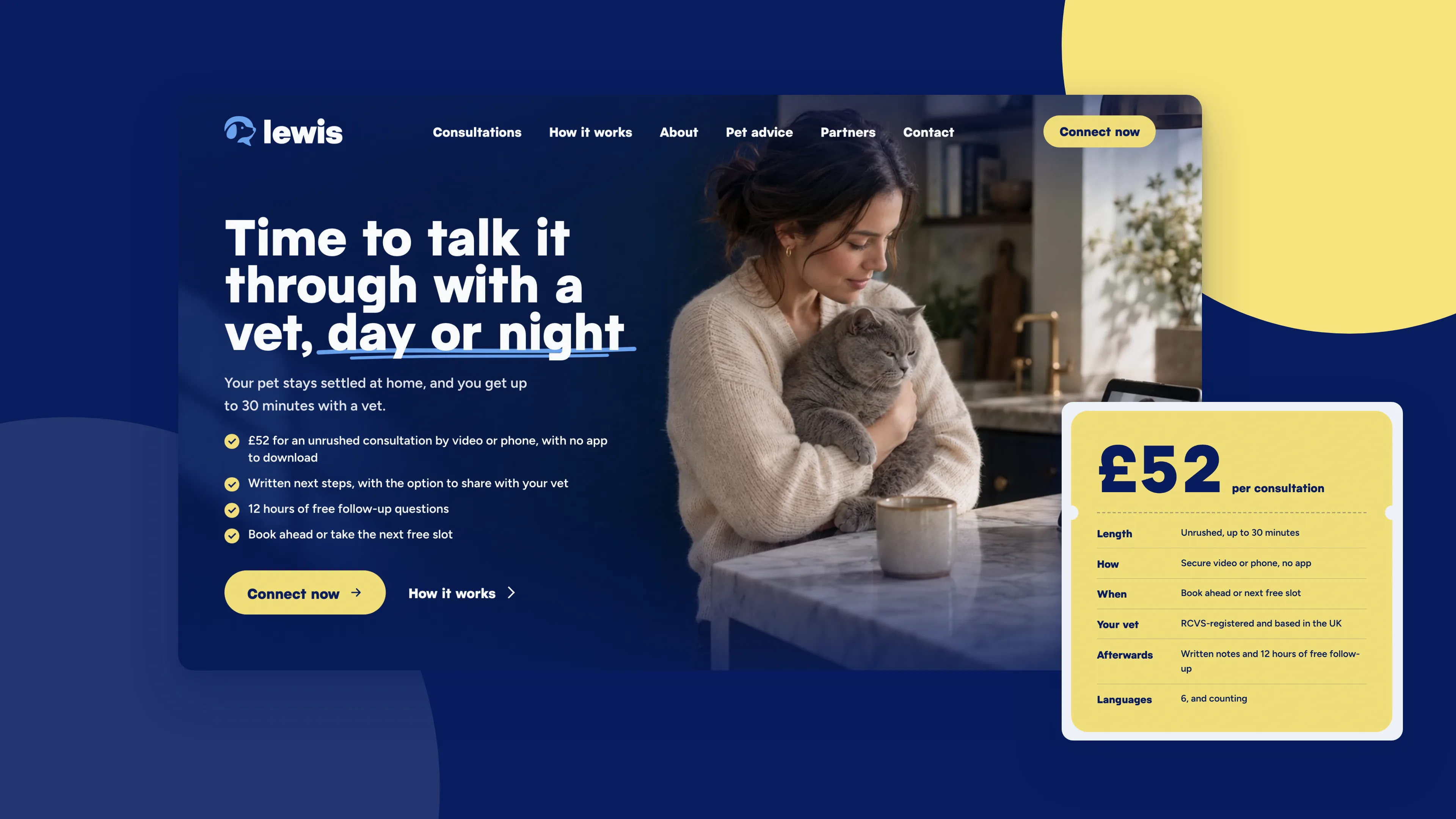 The Lewis Pet Care homepage on desktop, with the £52 pricing card beside it