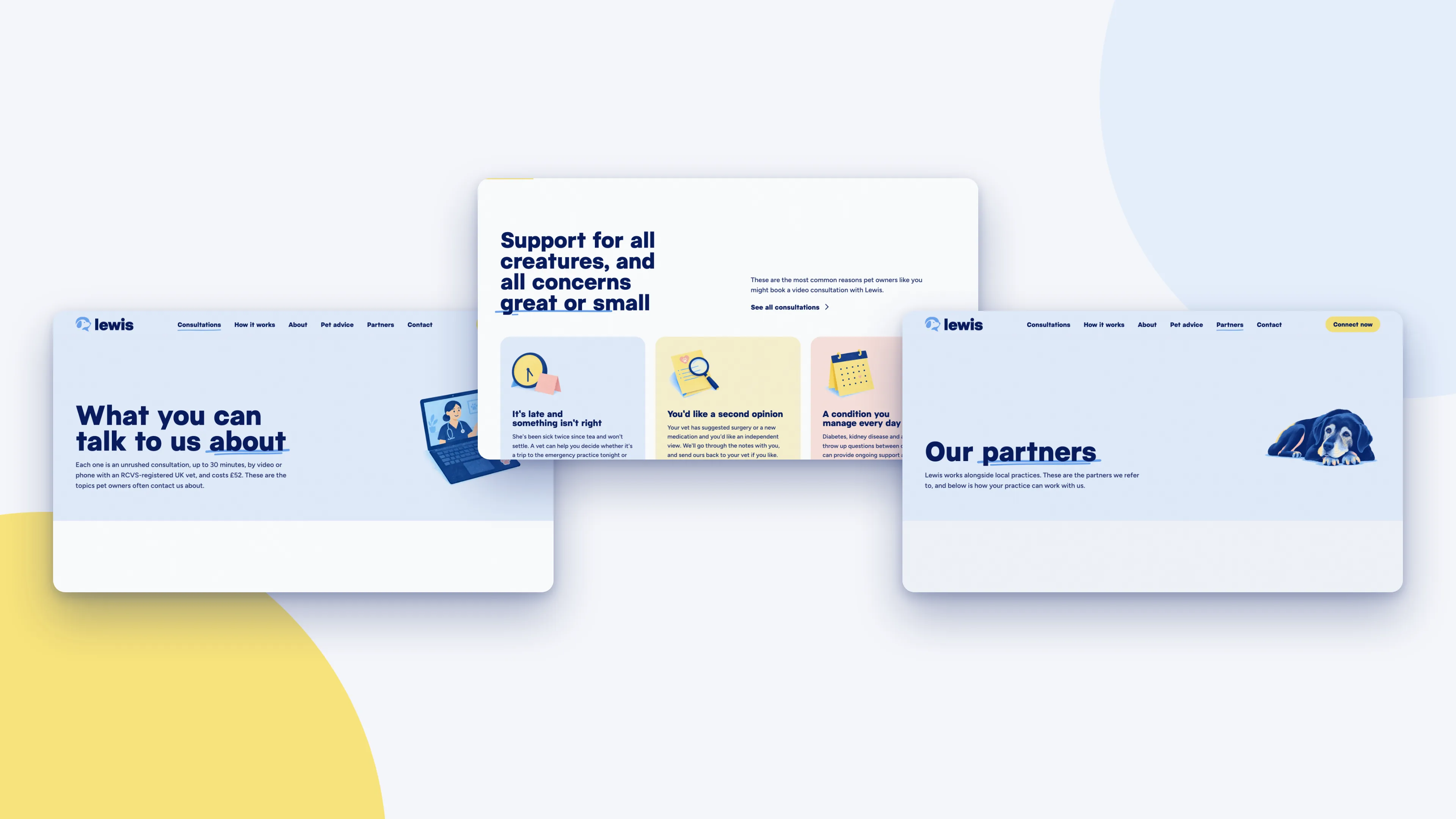 Three Lewis pages: consultations, the homepage and partners