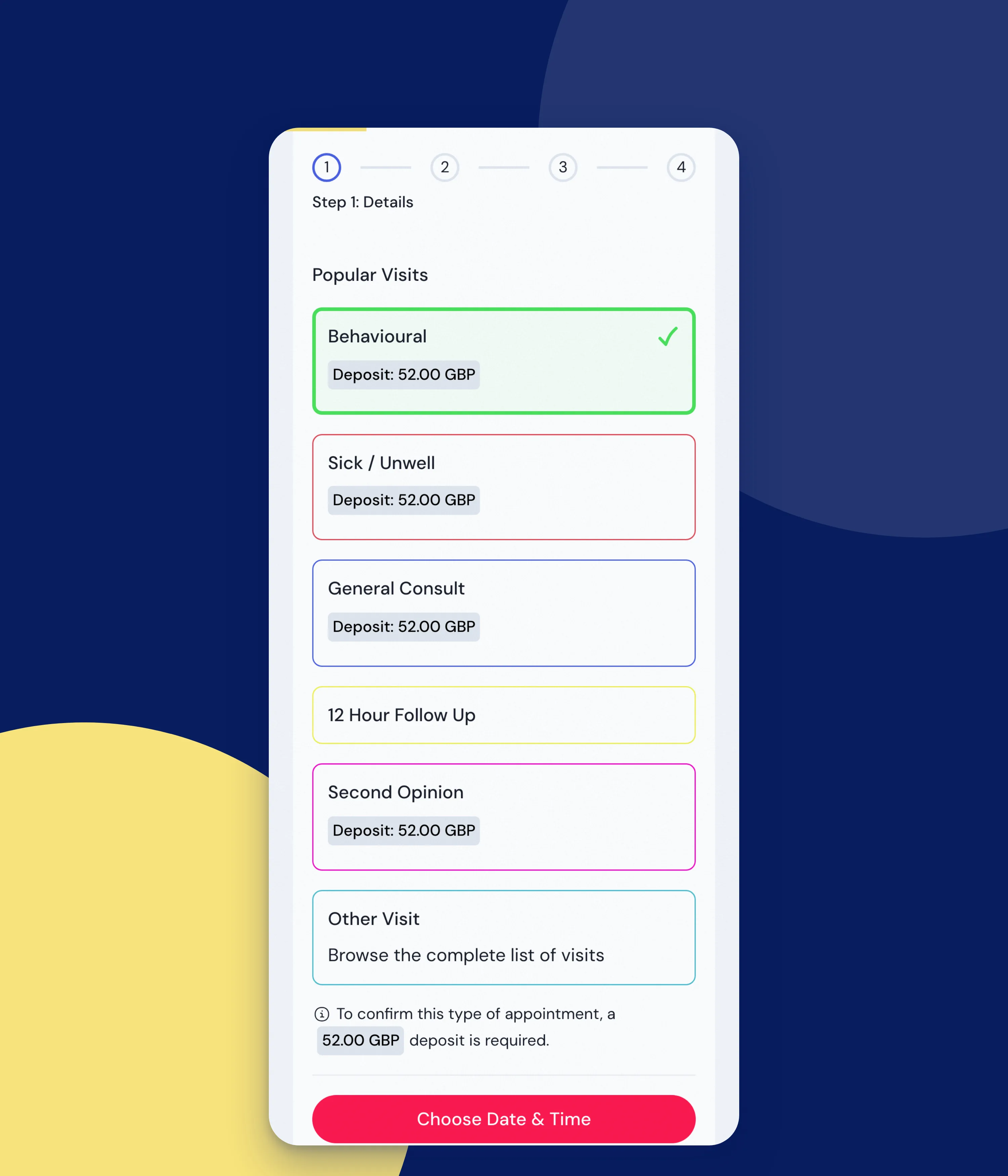 Choosing a visit type in the booking calendar on a phone