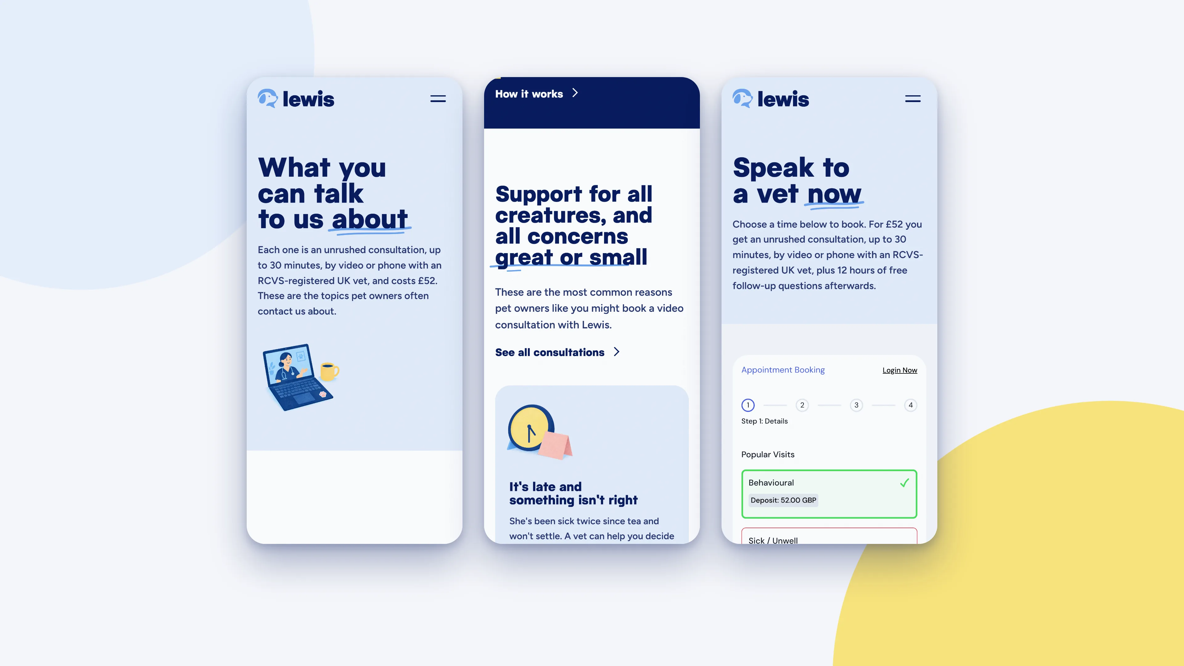 The consultations page, the homepage and the booking page on phones