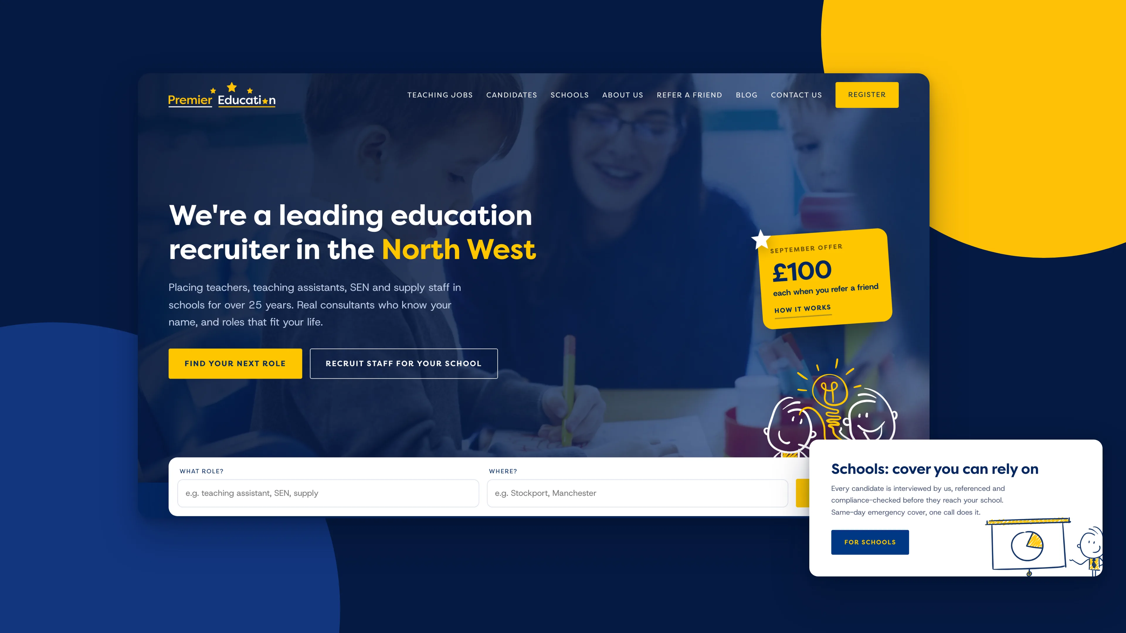 The Premier Education homepage on desktop, with the schools panel beside it