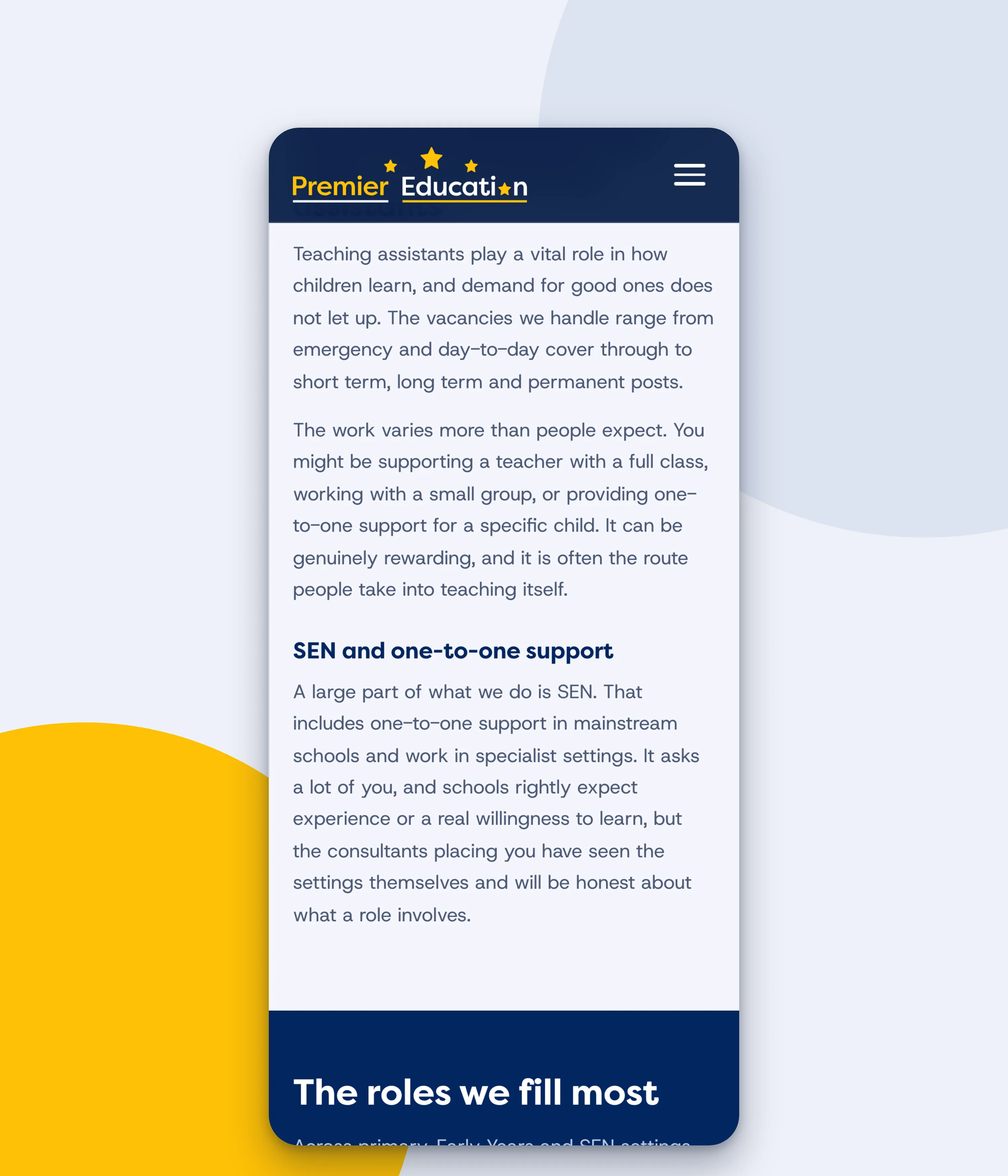 The teaching assistant jobs page on a phone