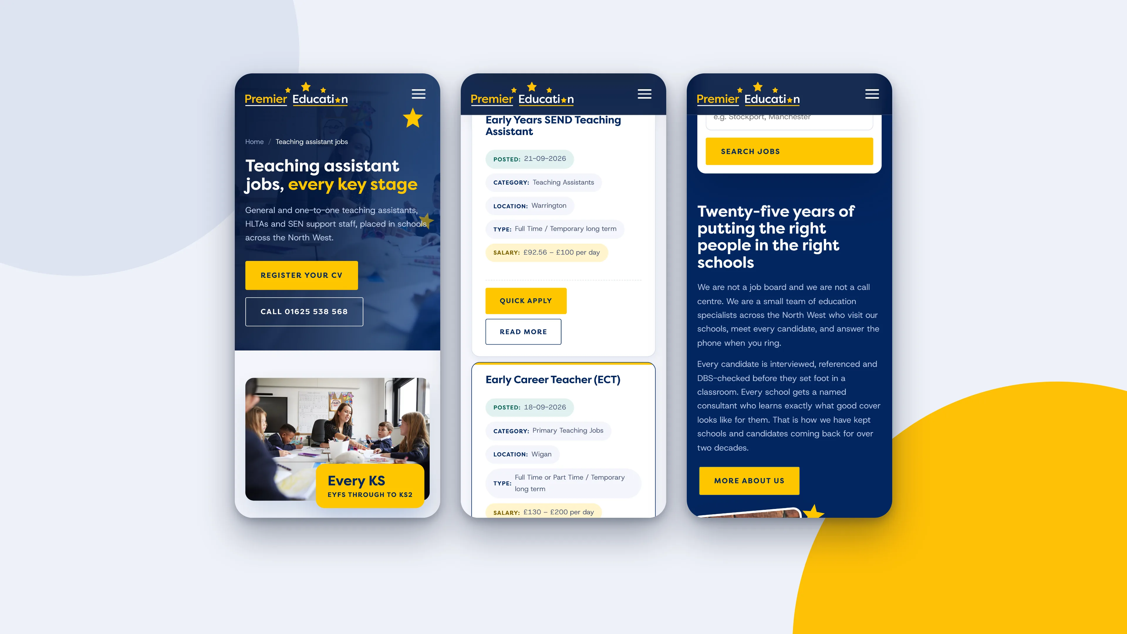 Teaching assistant jobs, the job list and the team section on phones